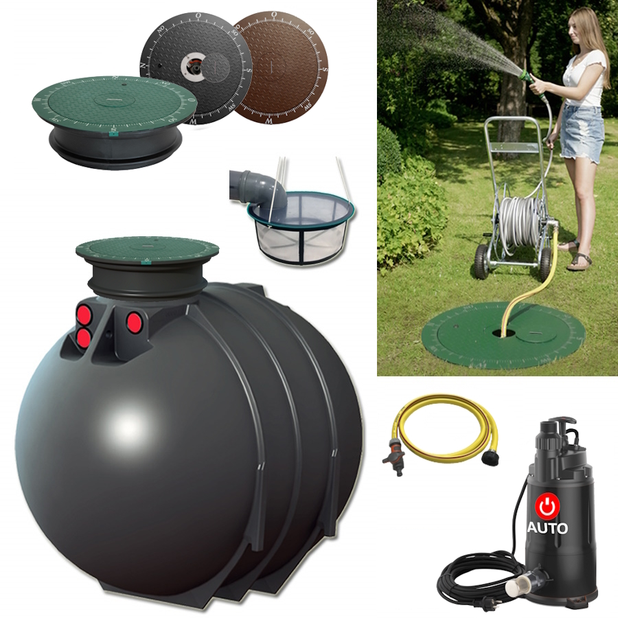 Lieferumfang mit zylindrischem Tank 4300 Liter, Tauchpumpe, Schlauch, Filterkorb und Wasseranschluss im Deckel.