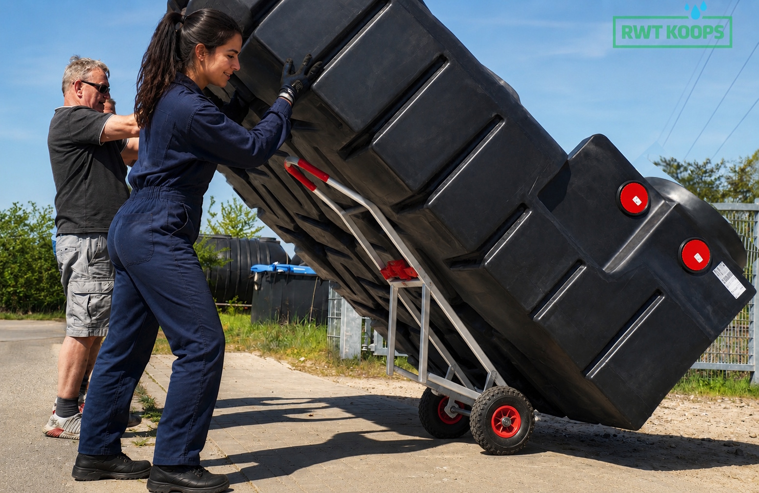 Einfacher Transport des 3000 Liter RWT Flachtanks mit einer Sackkarre und zwei Personen