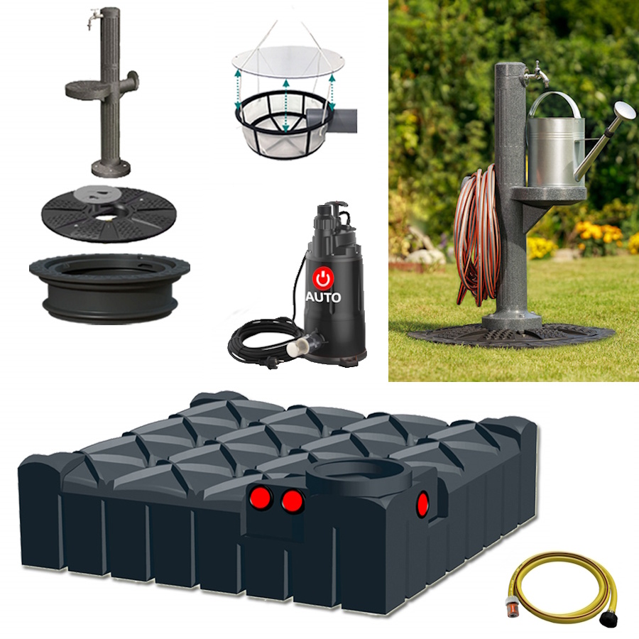 Lieferumfang mit Flachtank 3000 Liter, Tauchpumpe, Schlauch, Filterkorb und auf dem Tankdeckel montierte Kunststoff-Zapfsäule.