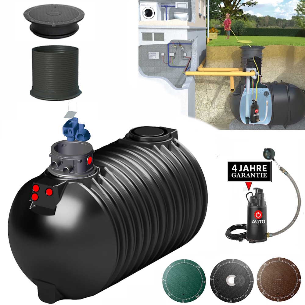 Regenwasser Hausanlage Lieferumfang mit Classic Tank 15000 Liter, Tauchpumpe mit schwimmender Entnahme, Filterschacht, Deckelauswahl, Schachtverlängerung.