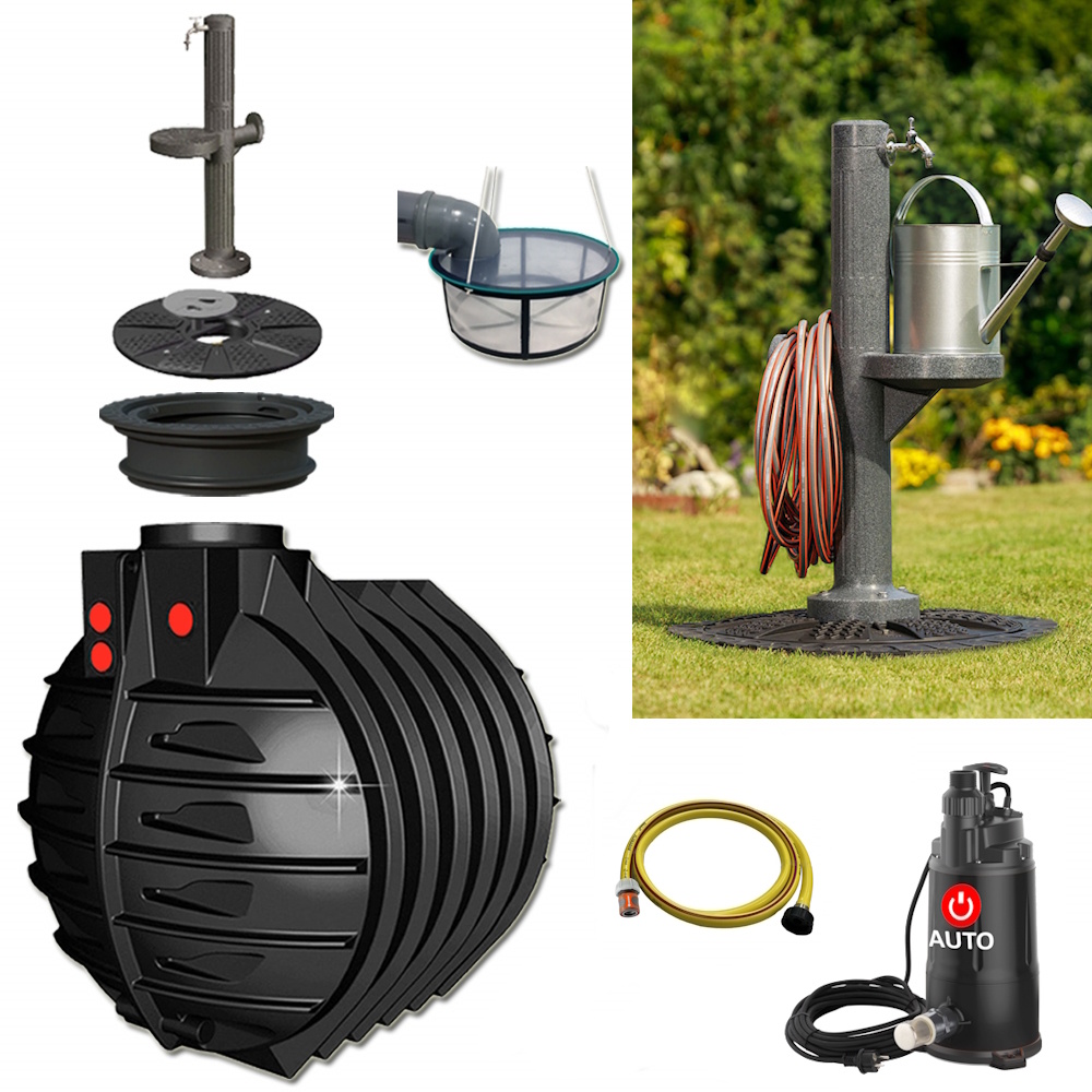 Lieferumfang mit zylindrischem Tank 6000 Liter, Tauchpumpe, Schlauch, Filterkorb und auf dem Tankdeckel montierte Kunststoff-Zapfsäule.