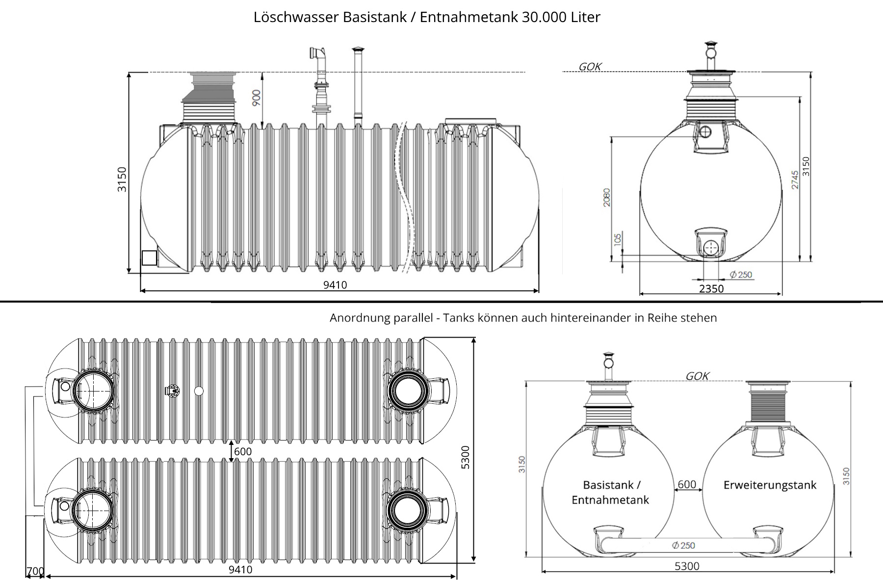 Datenblatt mit Abmessungen Löschwasserzisterne 60 m³ Classic Batterietank