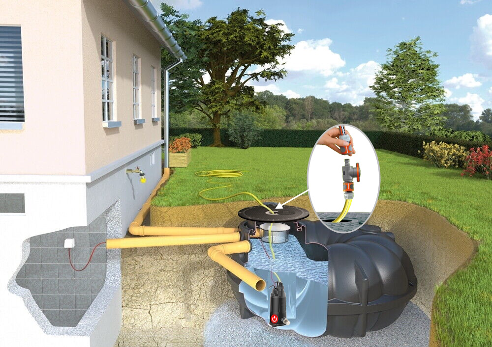 Eingebaute NEO Flachtank Zisterne mit Pumpe, Schlauch, Filterkorb und Wasserentnahme im Deckel; Detailansicht Wasseranschluss im Deckel.