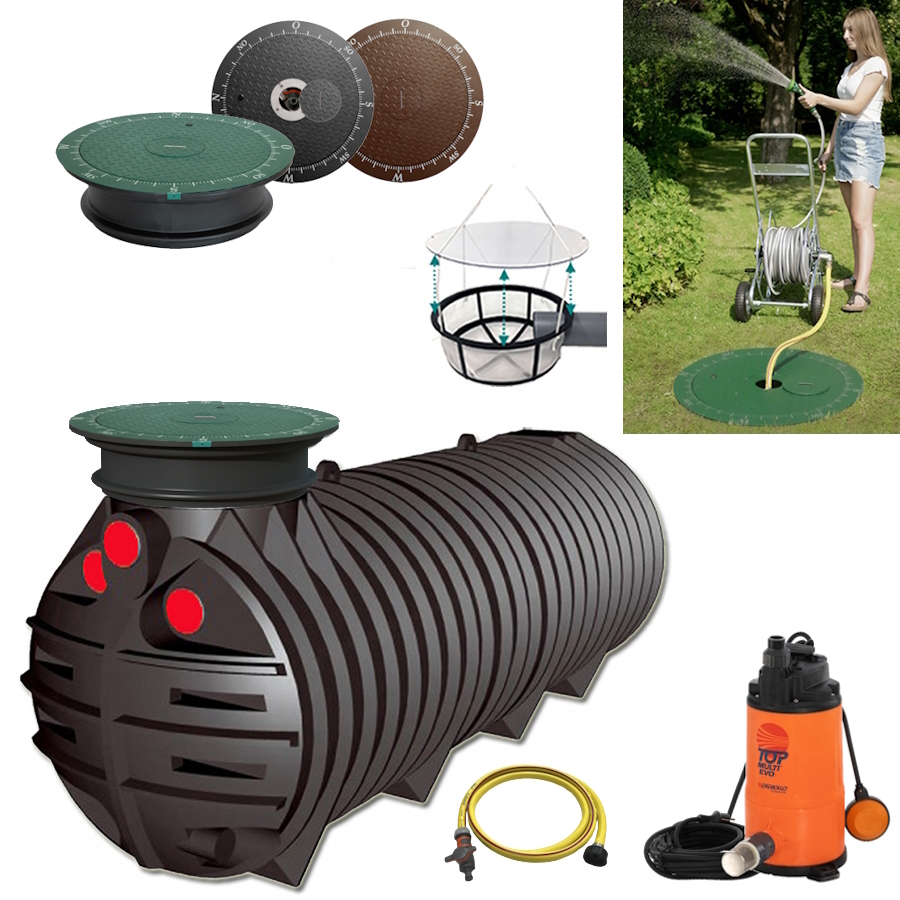 Lieferumfang mit YourtubeFlachtank 3000 Liter, Tauchpumpe mit Schwimmerschalter, Schlauch, Filterkorb und Wasseranschluss im Deckel.