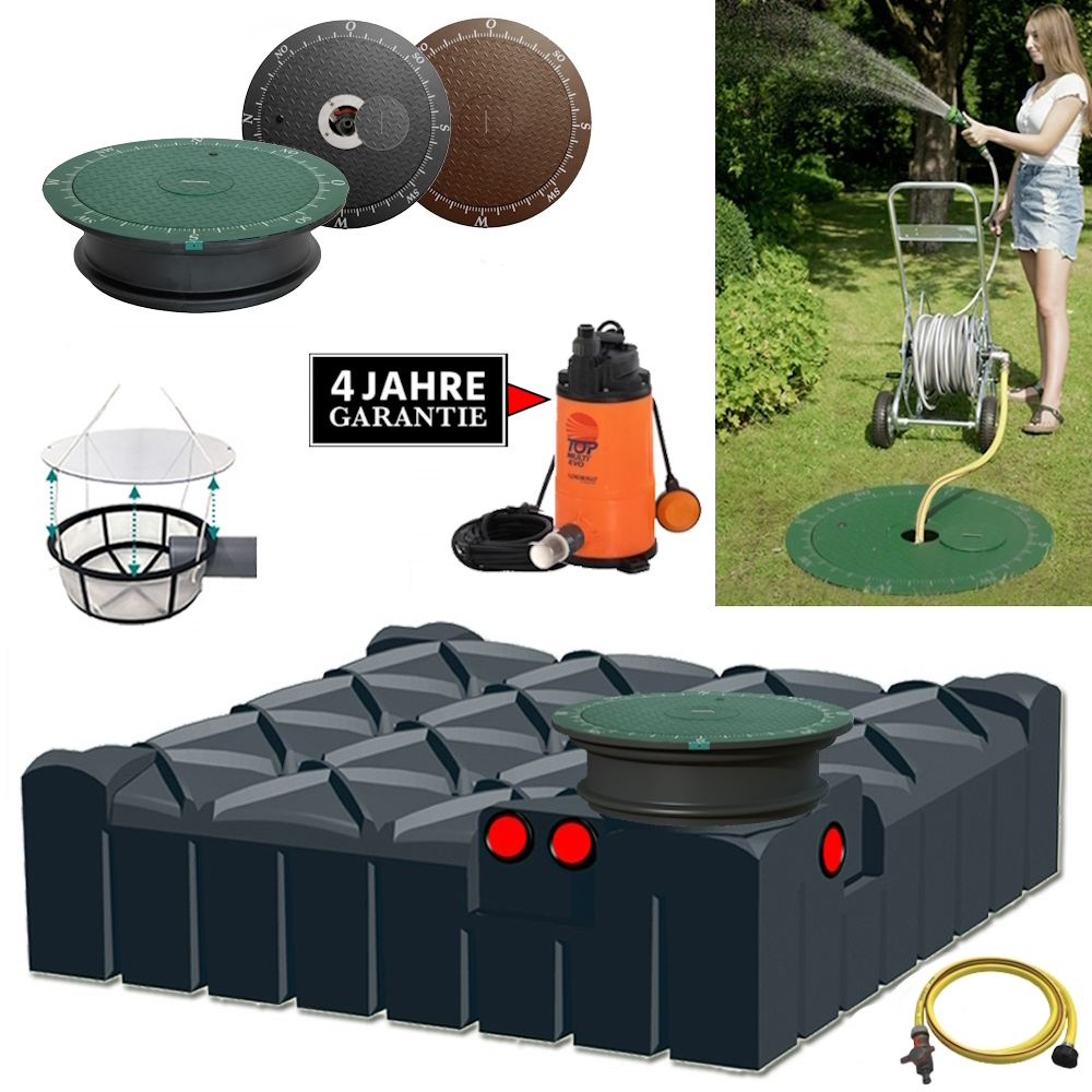 Ein Kunststoff Flachtank mit Deckel, Schacht, Filter, Schlauch und manueller Pumpe