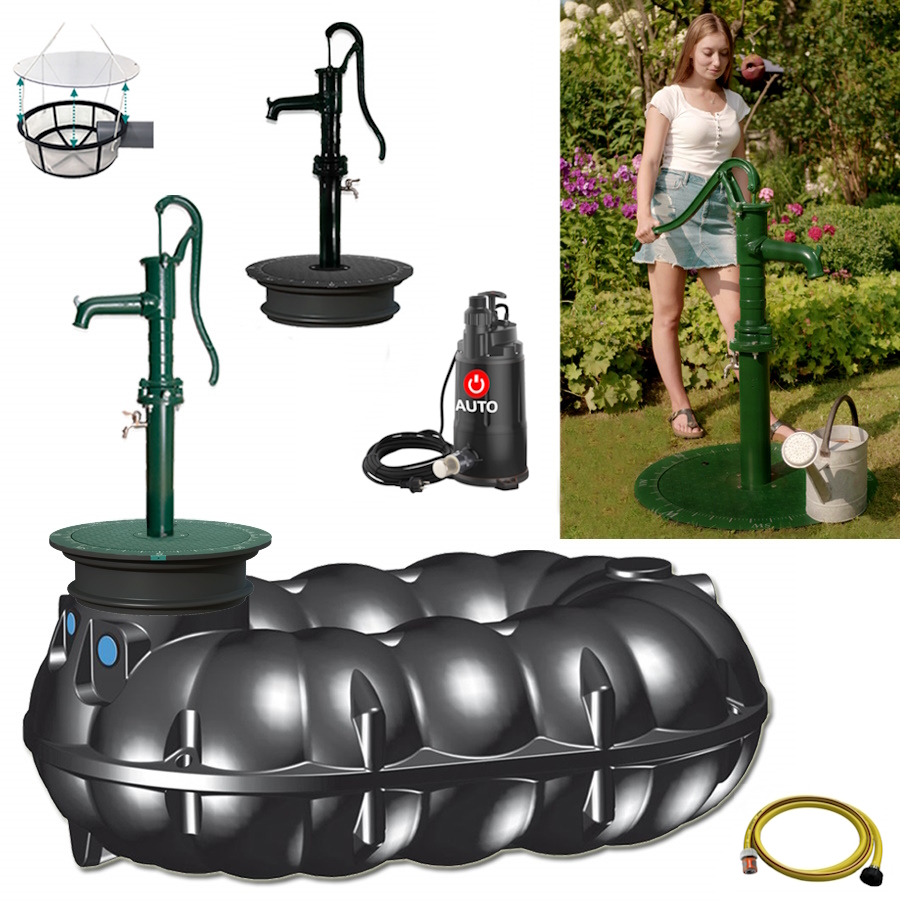 Lieferumfang mit 5000-Liter-Flachtank, Schwengelpumpe, Filterkorb, Tauchpumpe und Schlauch sowie einem Anwendungsbild der Anlage.