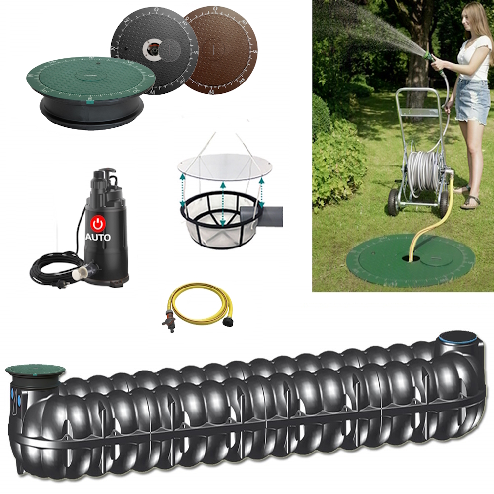 Lieferumfang mit NEO Flachtank 20000 Liter, Tauchpumpe, Schlauch, Filterkorb und Wasseranschluss im Deckel.