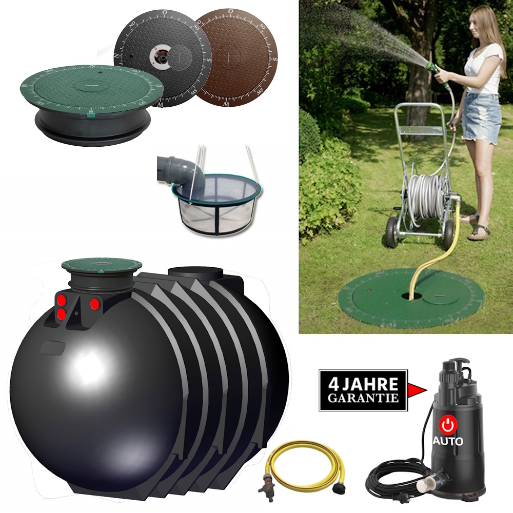 ein runder schwarzer kunststofftank mit automatikpumpe, filter, schaccht, deckel und schlauch