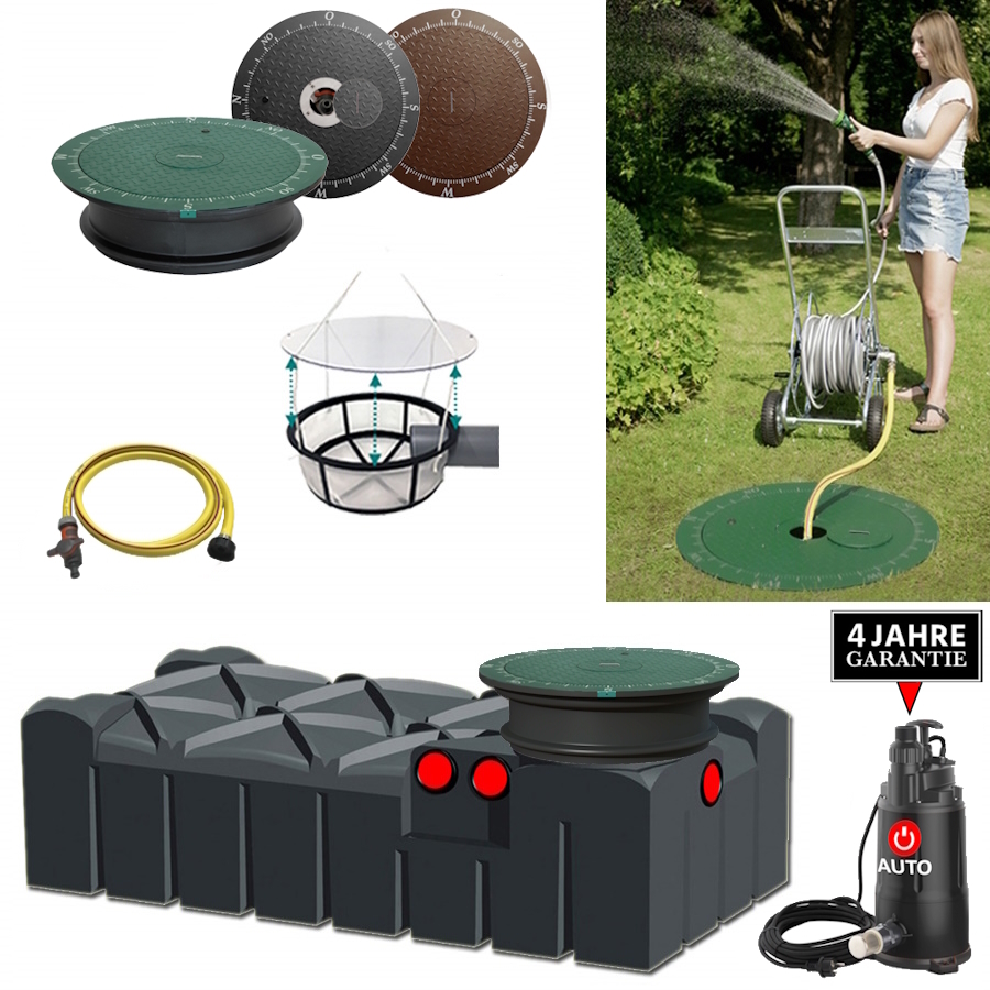 Ein schwarzer Flachtank aus Kunststoff mit Deckel, Schacht, Filter, Schlauch und automatischer Pumpe