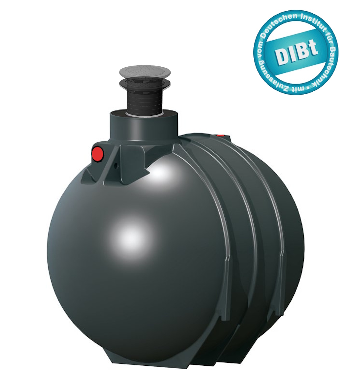 Ein rundlicher schwarzer Kunststofftank mit schwarzem DN 300 Schacht und Deckel