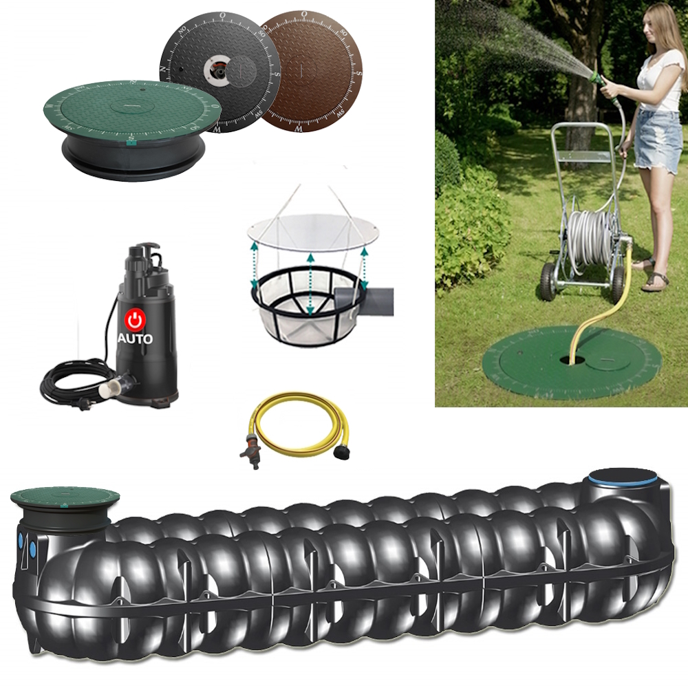 Lieferumfang mit NEO Flachtank 15000 Liter, Tauchpumpe, Schlauch, Filterkorb und Wasseranschluss im Deckel.