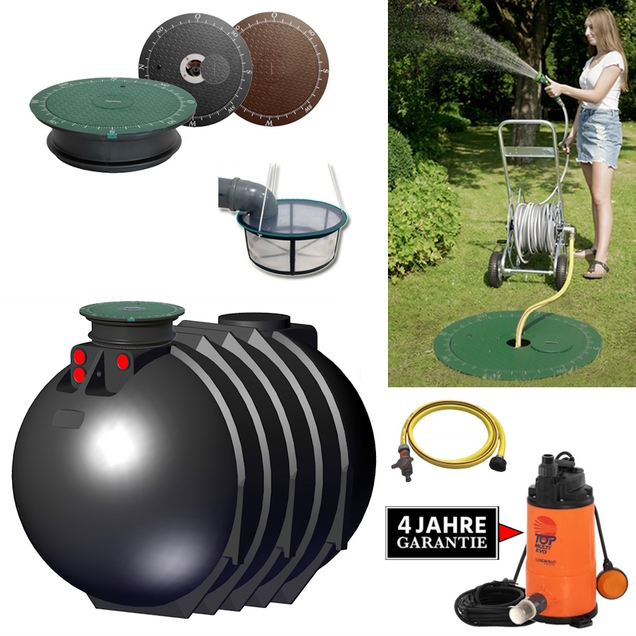 ein runder schwarzer kunststofftank mit deckel, pumpe, schlauch und filter