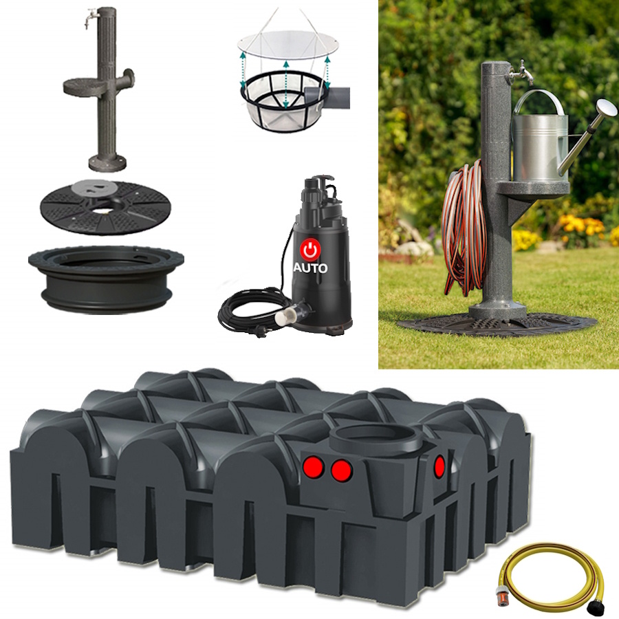 Lieferumfang mit Flachtank 5000 Liter, Tauchpumpe, Schlauch, Filterkorb und auf dem Tankdeckel montierte Kunststoff-Zapfsäule.