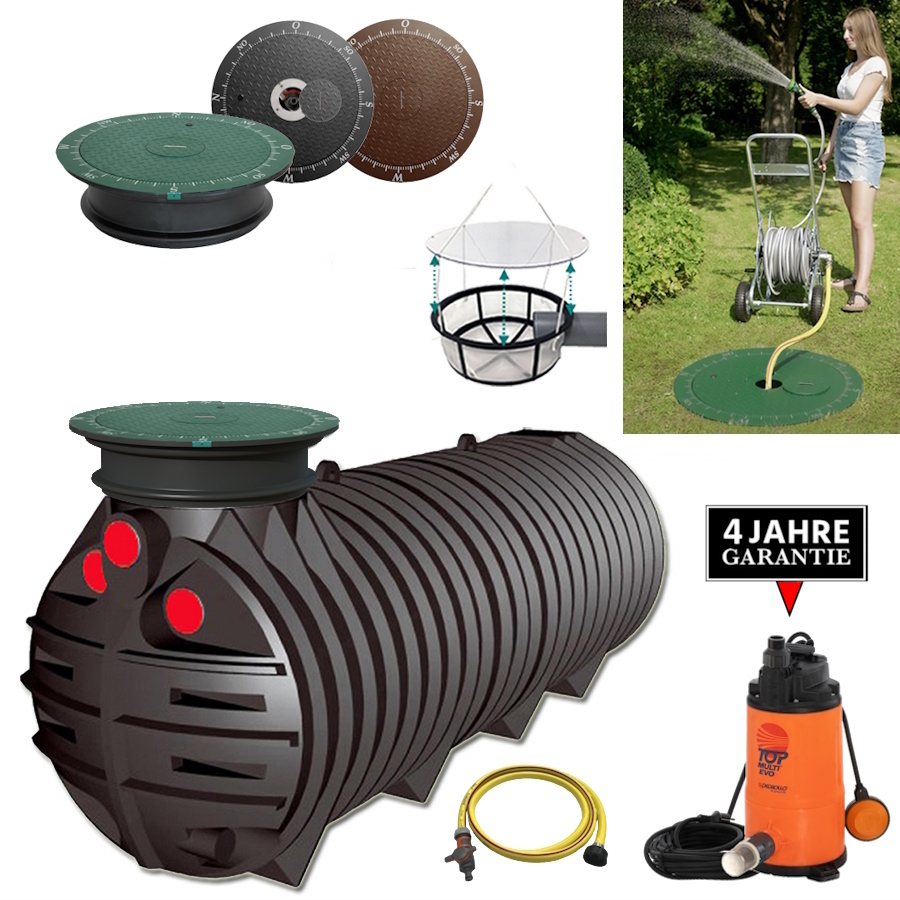 Ein schmaler flacher Kunststofftank mit Schacht, Deckel, Filter, Schlauch und manueller Pumpe