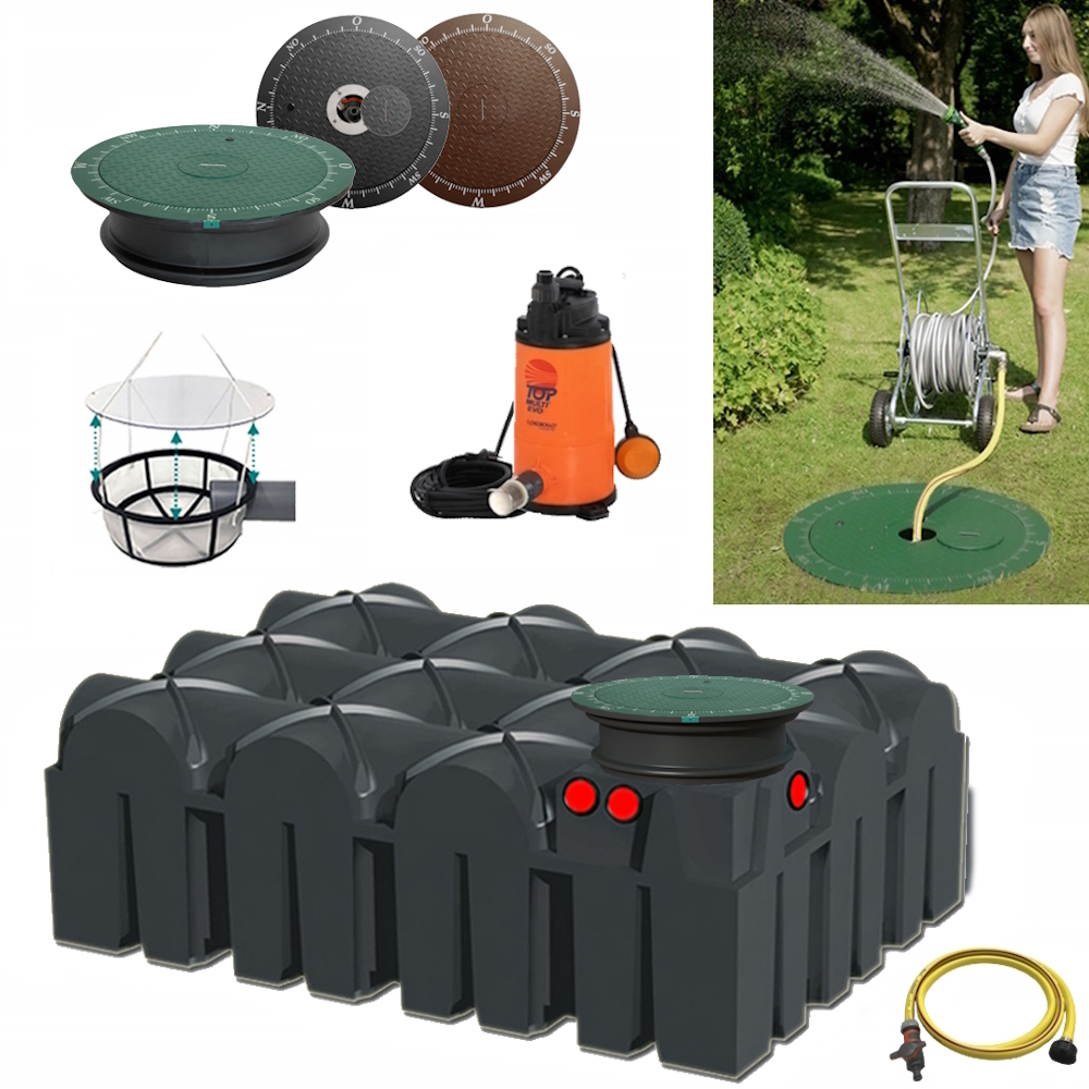 Lieferumfang mit RWT Flachtank 7500 Liter, Tauchpumpe mit Schwimmerschalter, Schlauch, Filterkorb und Wasseranschluss im Deckel.