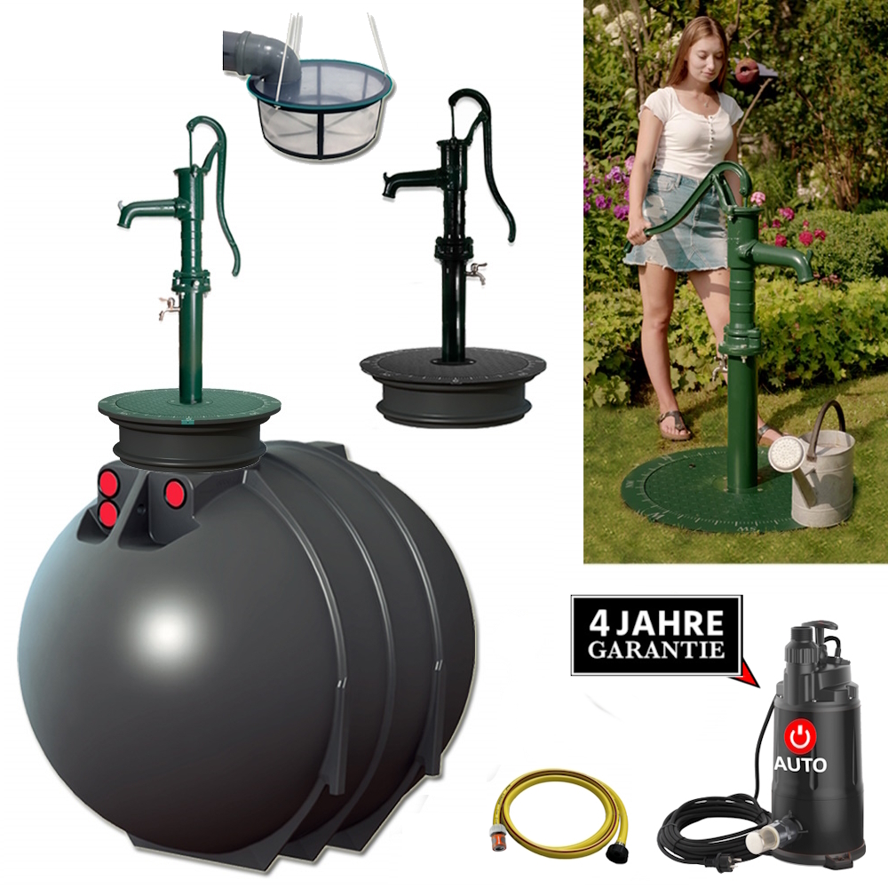 Ein Kunststoff Rundtank mit Pumpe, Deckel, Schlauch, Filter und Handschwengelpumpe