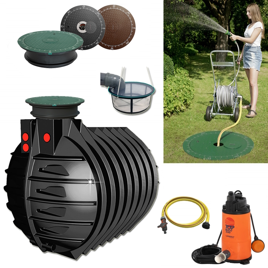 Lieferumfang mit zylindrischem Tank 7500 Liter, Tauchpumpe mit Schwimmerschalter, Schlauch, Filterkorb und Wasseranschluss im Deckel.