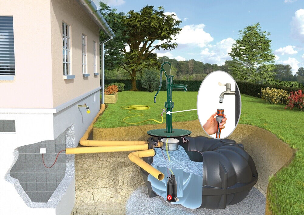 Eingebaute Neo-Flachtank Zisterne mit Pumpe, Schlauch, Filter und Handschwengelpumpe; Detailvergrößerung des Wasserhahns mit Klick-Anschluss.