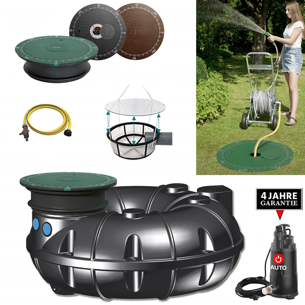 Ein schwarzer, flacher Kunststofftank mit Deckel, Schacht, Filter, Schlauch und automatischer Pumpe