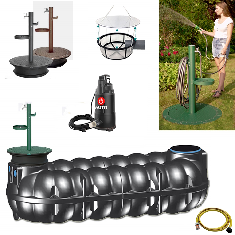 Lieferumfang mit NEO Flachtank 10000 Liter, Zapfsäule in grün, anthrazit oder braun, Tauchpumpe, Schlauch und Filterkorb.