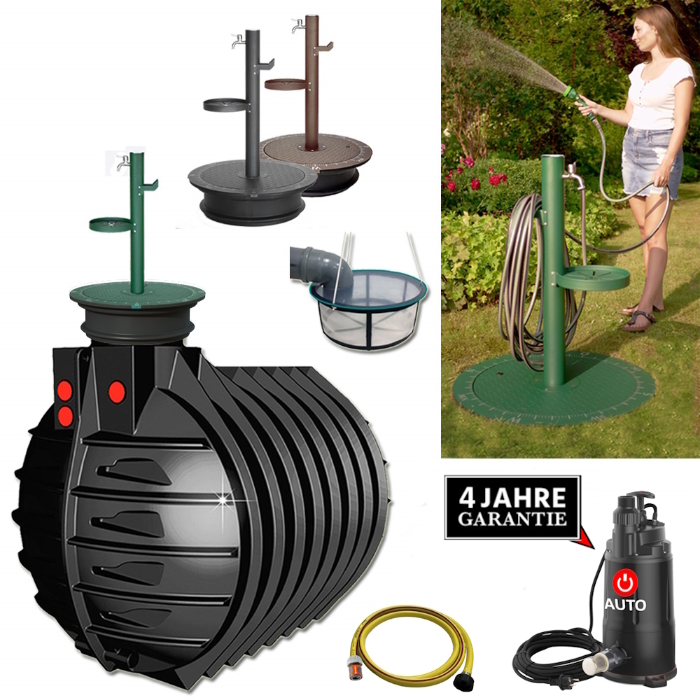 Ein 7500 Liter Kunststofftank mit automatischer Pumpe, DEckel, Schacht, Filter, Schlauch und Stahl-Zapfsäule