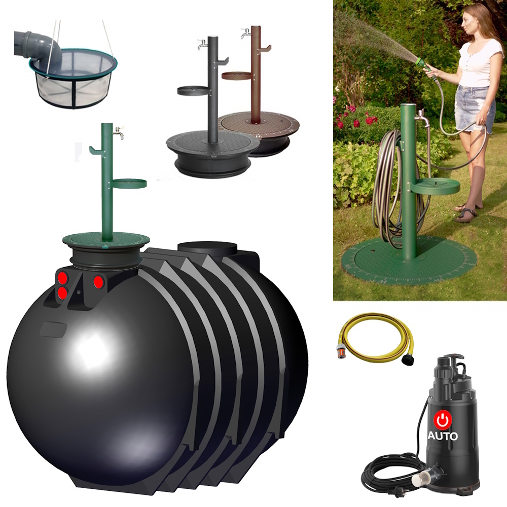 Lieferumfang mit zylindrischem Tank 10000 Liter, Zapfsäule in grün, anthrazit oder braun, Tauchpumpe, Schlauch und Filterkorb.