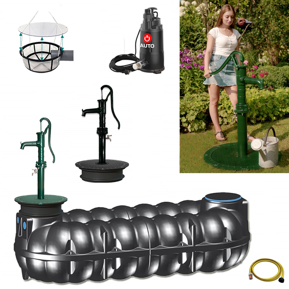 Lieferumfang mit 10000 Liter NEO Flachtank, Schwengelpumpe, Filterkorb, Tauchpumpe und Schlauch sowie einem Anwendungsbild der Anlage.