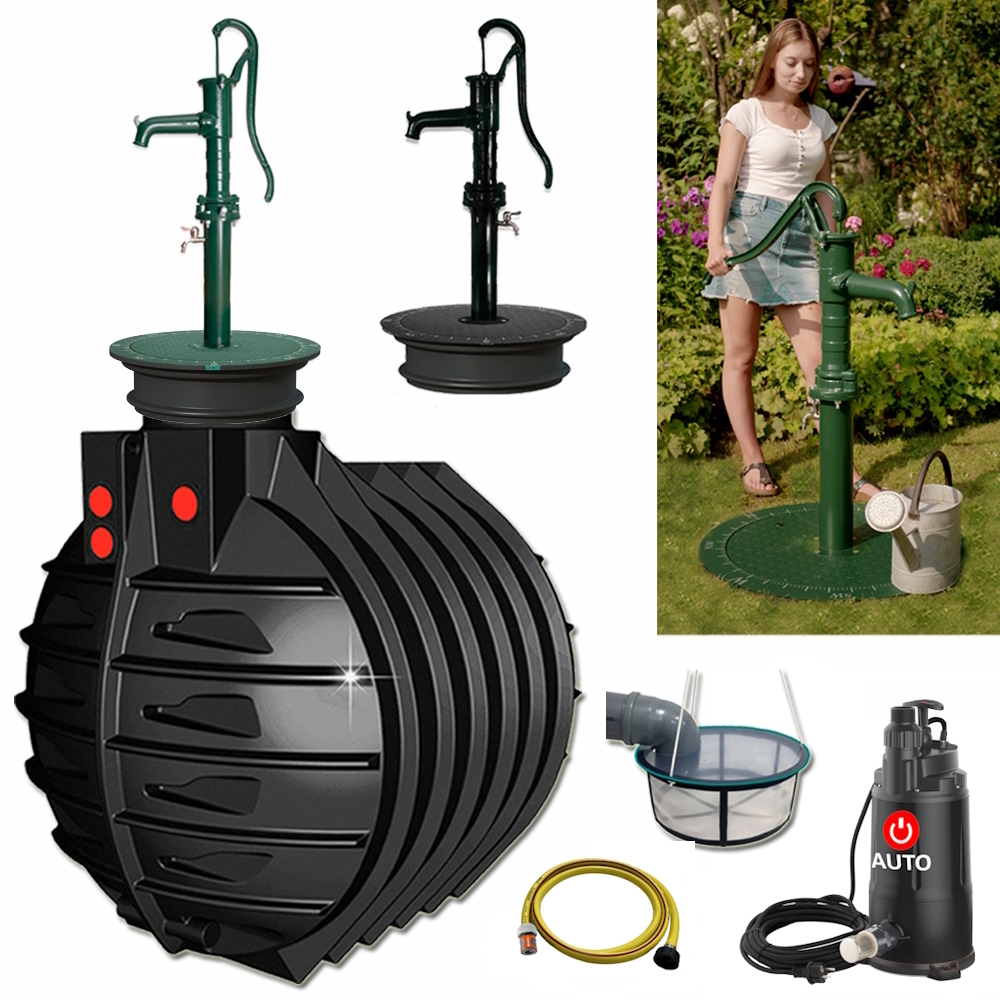 Lieferumfang mit Rundtank 6000 Liter, Schwengelpumpe in grün oder schwarz, Filterkorb, Tauchpumpe und Schlauch sowie einem Anwendungsbild der Anlage.