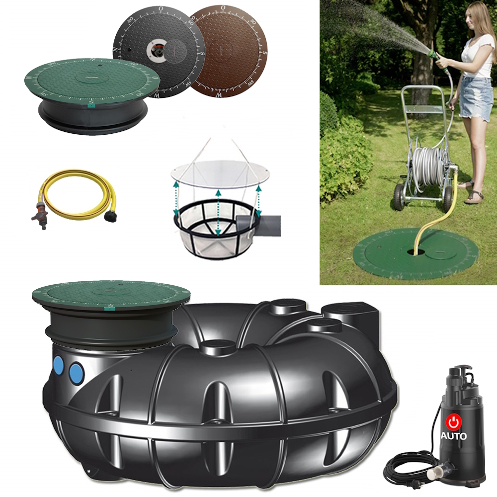 Lieferumfang mit NEO Flachtank 1500 Liter, Tauchpumpe, Schlauch, Filterkorb und Wasseranschluss im Deckel.