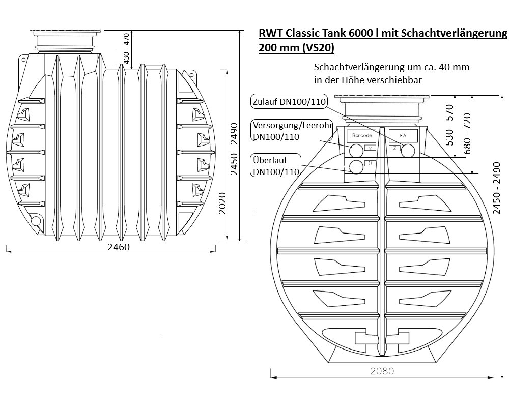 RWT  6000 L Regenwassertank Set mit Filter Zisterne Kunststoff Regenwasserzisterne Erdtank Wassertank Garten Skizze                               