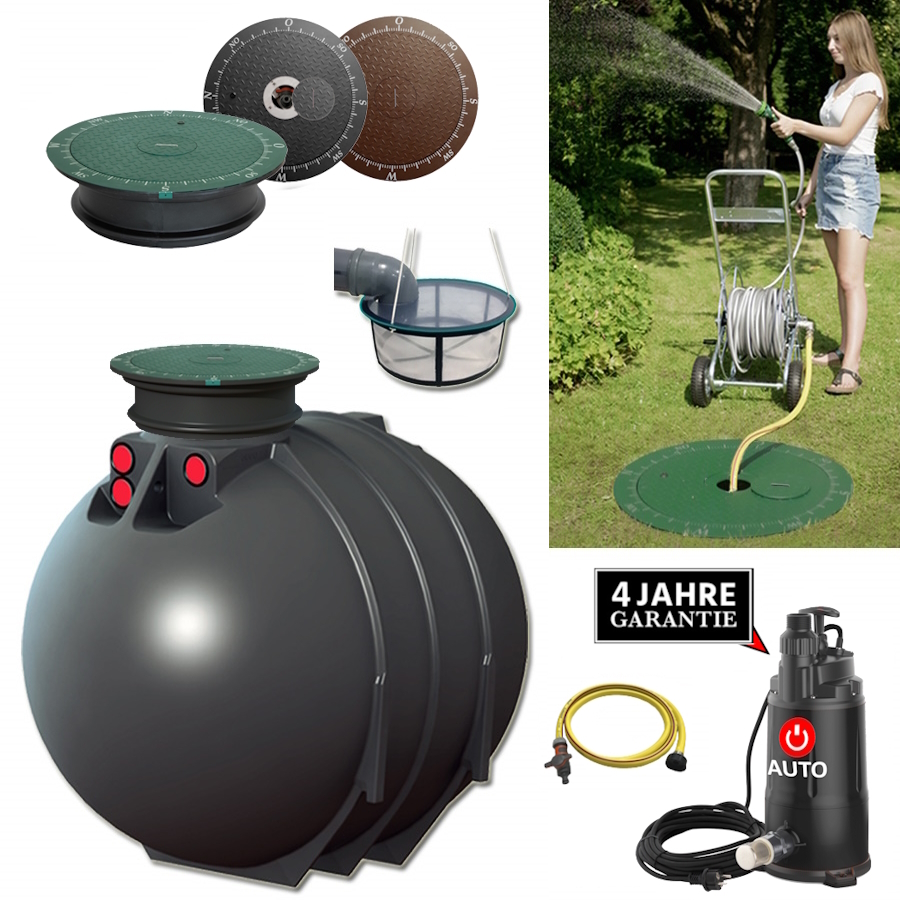 Ein schwarzer Rundtank mit Deckel, Filter, Schacht, Schlauch und automatischer Pumpe