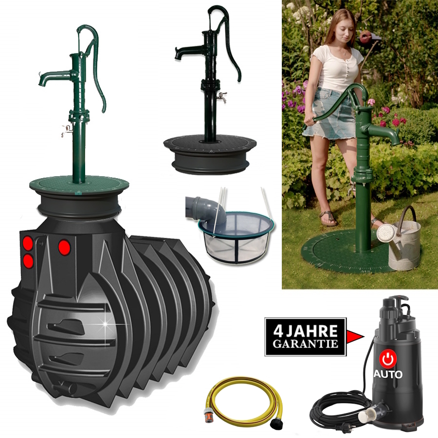 Eine Kunstoffzisterne mit Handschwengelpumpe, Filter, Deckel, Schacht, Schlauch und Pumpe