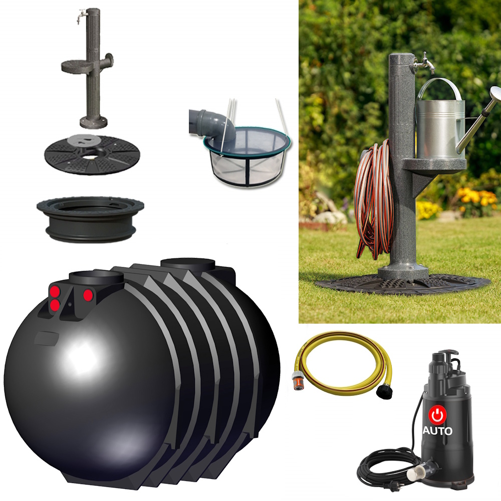 Lieferumfang mit zylindrischem Tank 10000 Liter, Tauchpumpe, Schlauch, Filterkorb und auf dem Tankdeckel montierte Kunststoff-Zapfsäule.