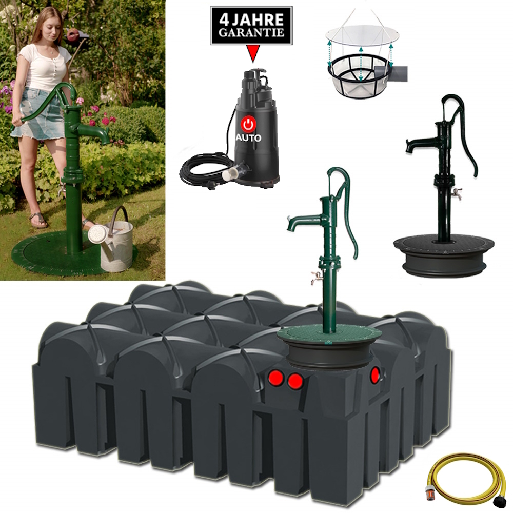 Ein Flachtank mit 7500 Liter Volumen, mit DEckel, Schacht, Schlauch, Filter, automatischer Pumpe und Handschwengelpumpe