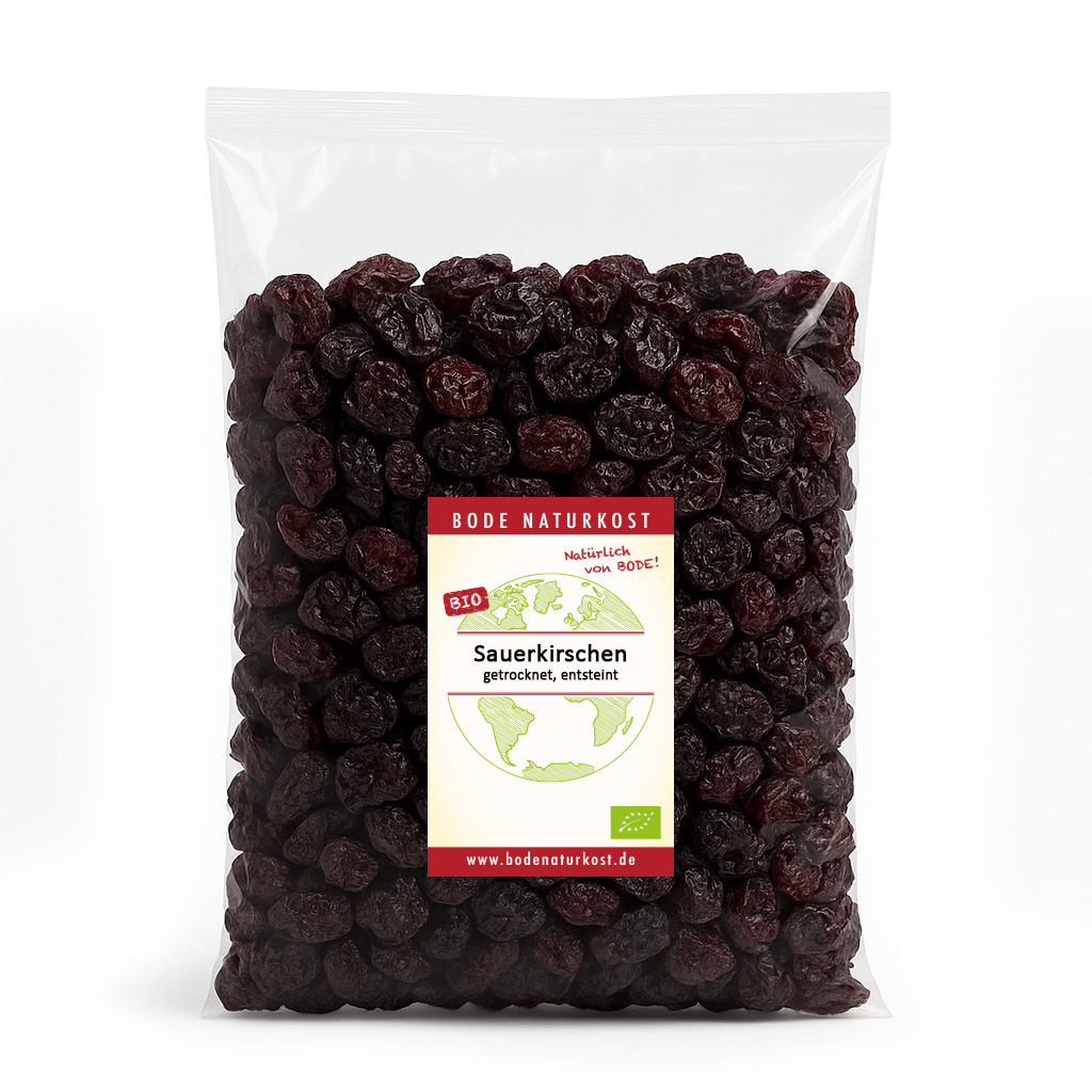 Bio Getrocknete Sauerkirschen - entsteint, 1kg Ein 1kg Beutel mit biologischen getrockneten und entsteinten Sauerkirschen von Bode Naturkost.