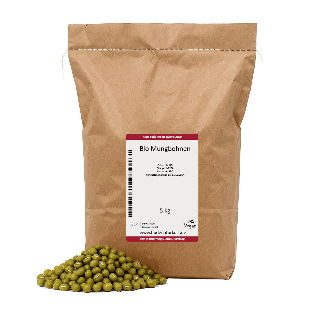 Green mung beans with labelled kraft paper bag