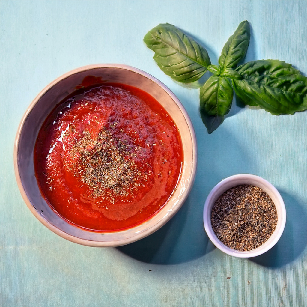 A bowl of fresh tomato sauce garnished with herbs, accompanied by fresh basil leaves and a small bowl of dried herbs.