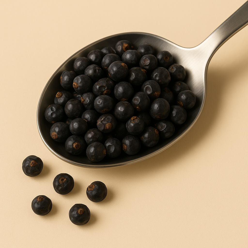 Metalllöffel gefüllt mit schwarzen Wacholderbeeren auf beigem Hintergrund