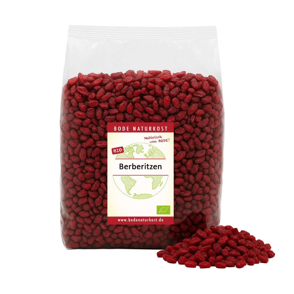 Clear bag of red dried barberries, pile at front