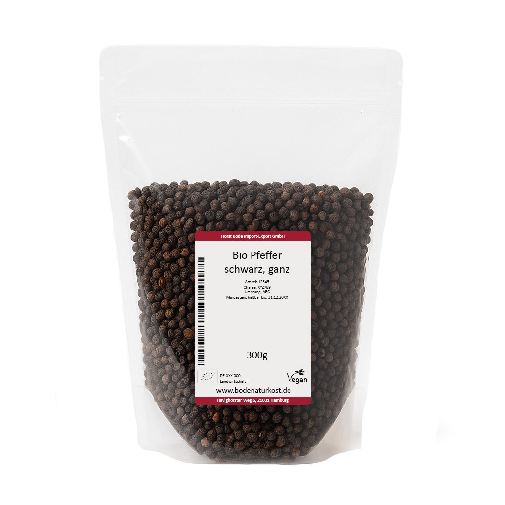 Gennemsigtig, genlukkelig pose med økologisk hel sort peber, 300 g, med hvid etiket