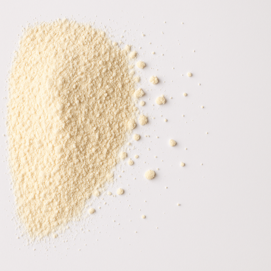 Nahaufnahme eines Haufens feiner, hellgelber Pulverkörner auf glattem weißem Untergrund mit verstreuten kleinen Kügelchen und körniger Textur