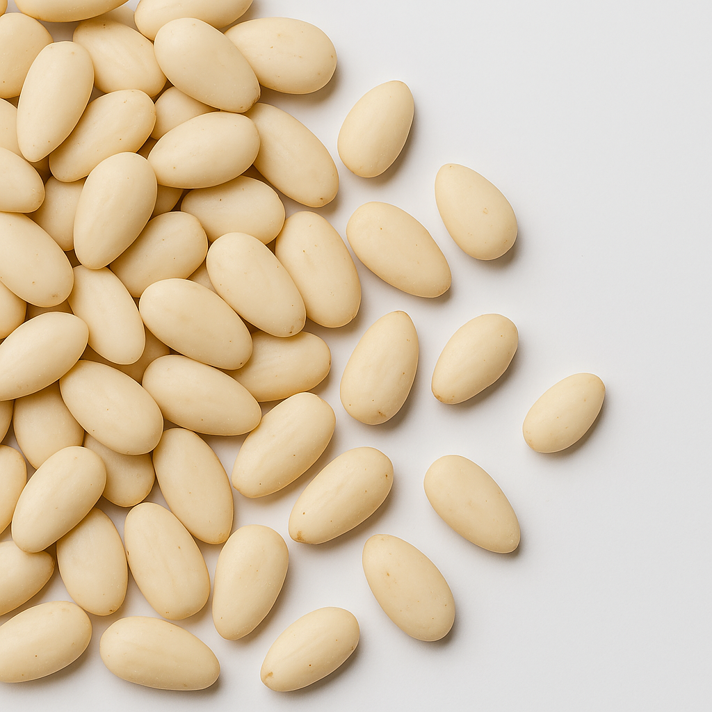 Close-up of white chocolate coated almonds