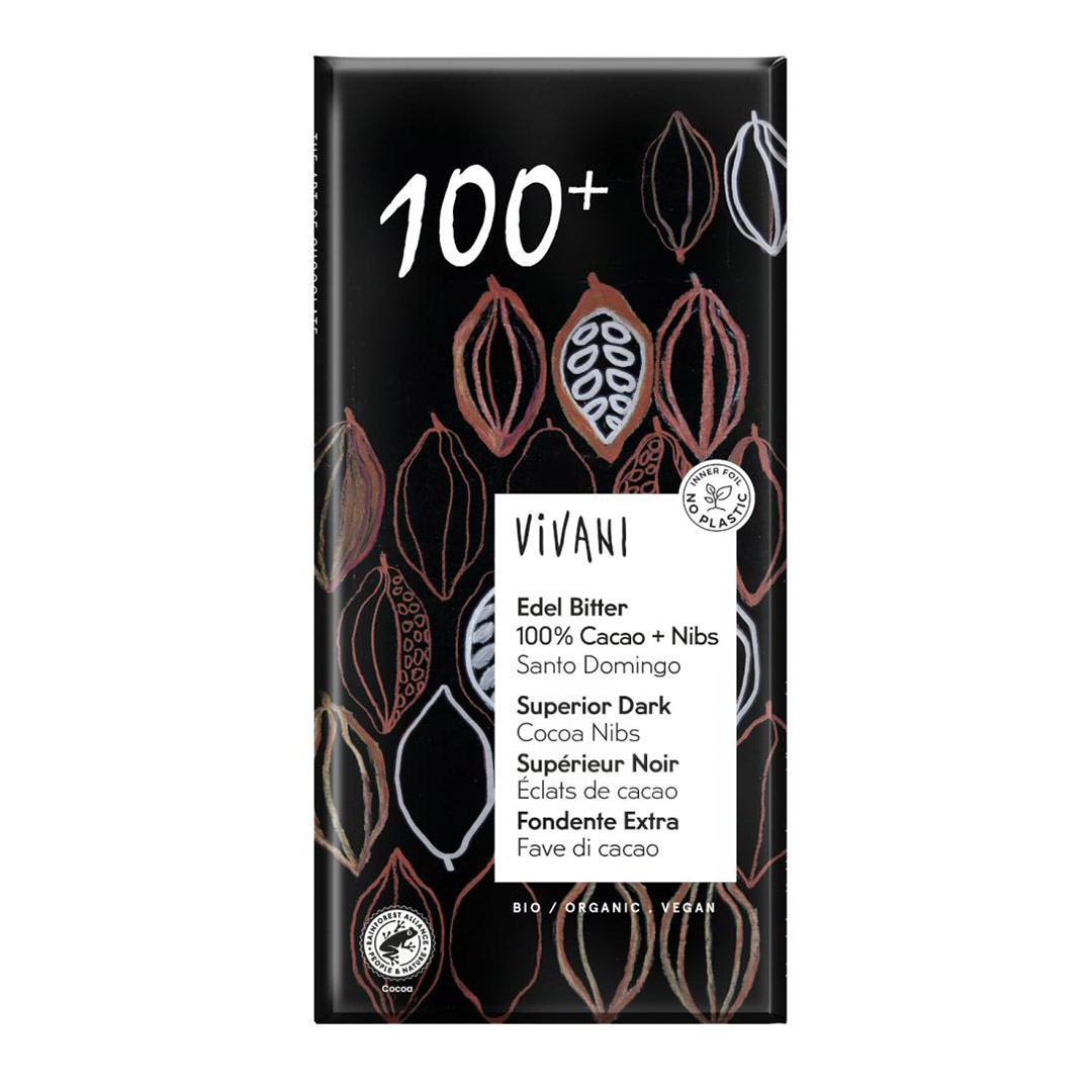 Tablet chocolate Noble Bitter 100% Cacao + Nibs vegan BIO Vivani 10x80g