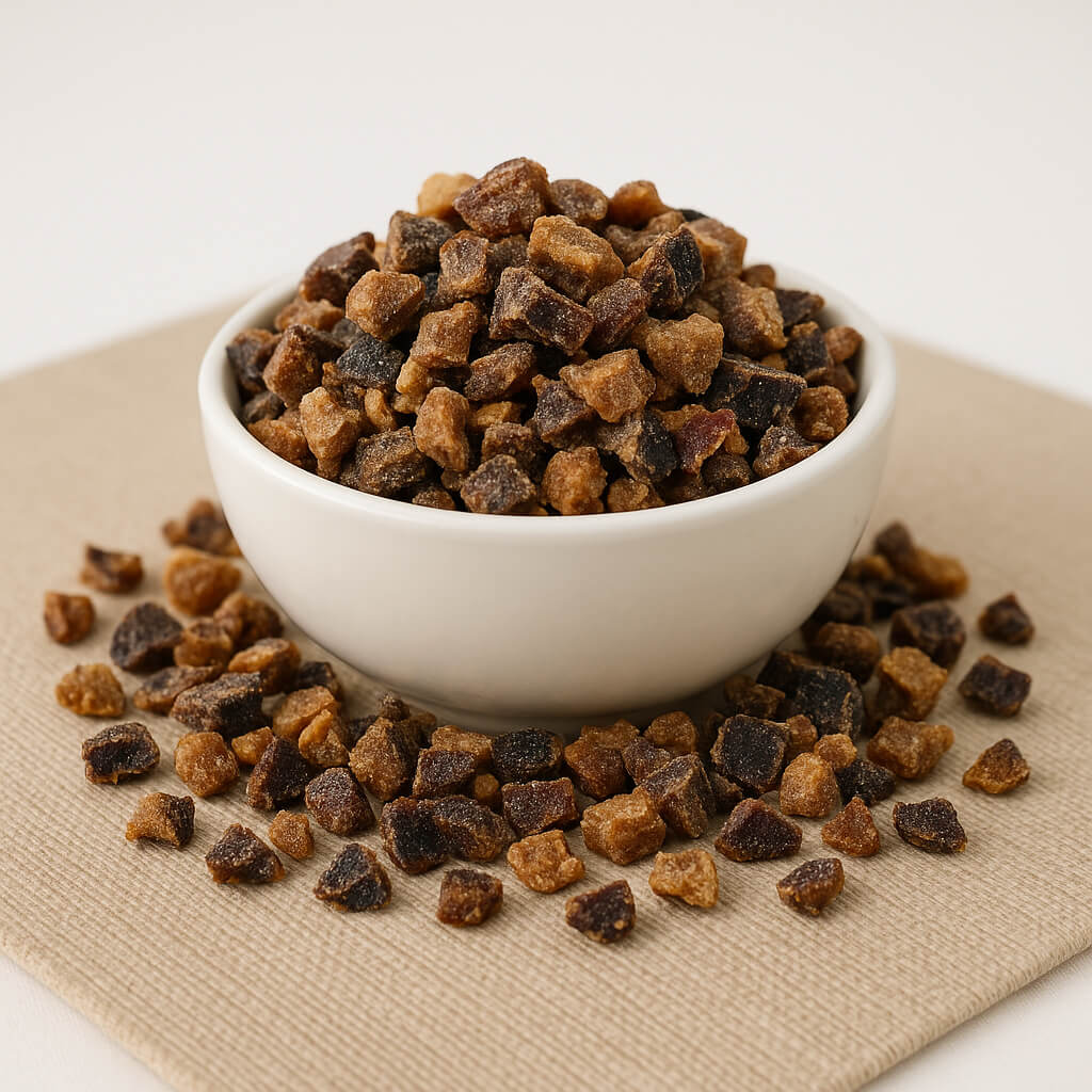White bowl filled with small diced dried fruit pieces