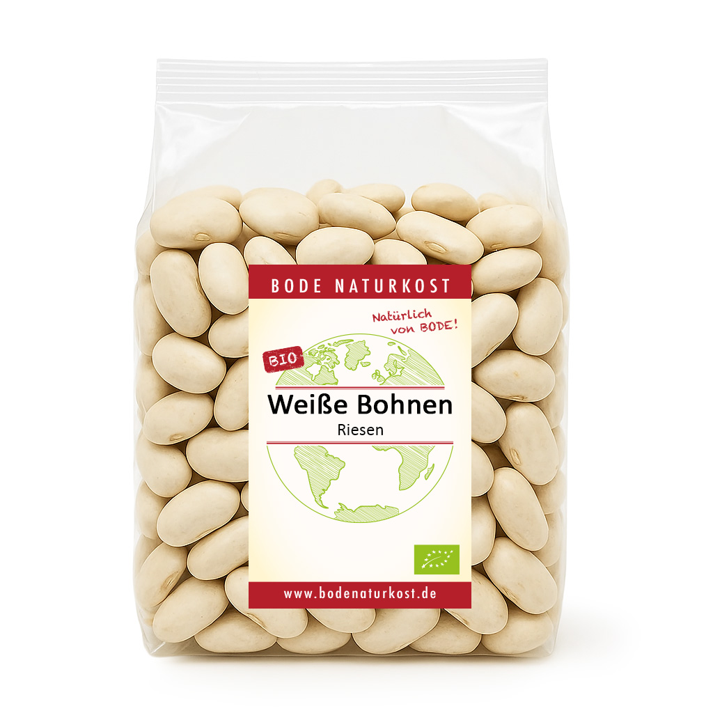 Bag of large white beans in clear packaging
