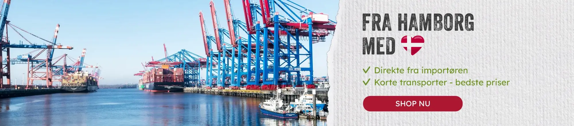 Containerhavn i Hamborg med store blå og røde kraner, containerskibe ved kajen og stille havnevand