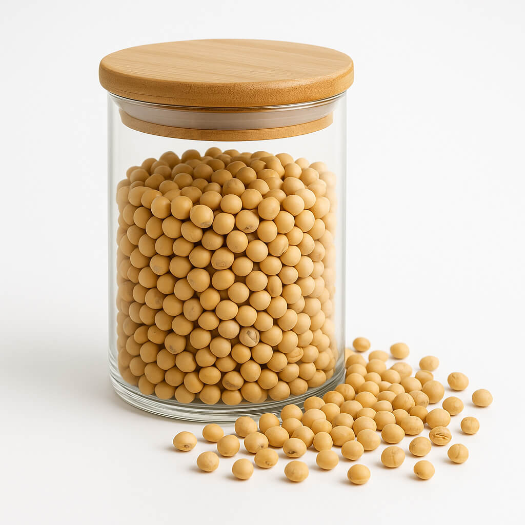 Jar filled with soybeans, some spilled on white background