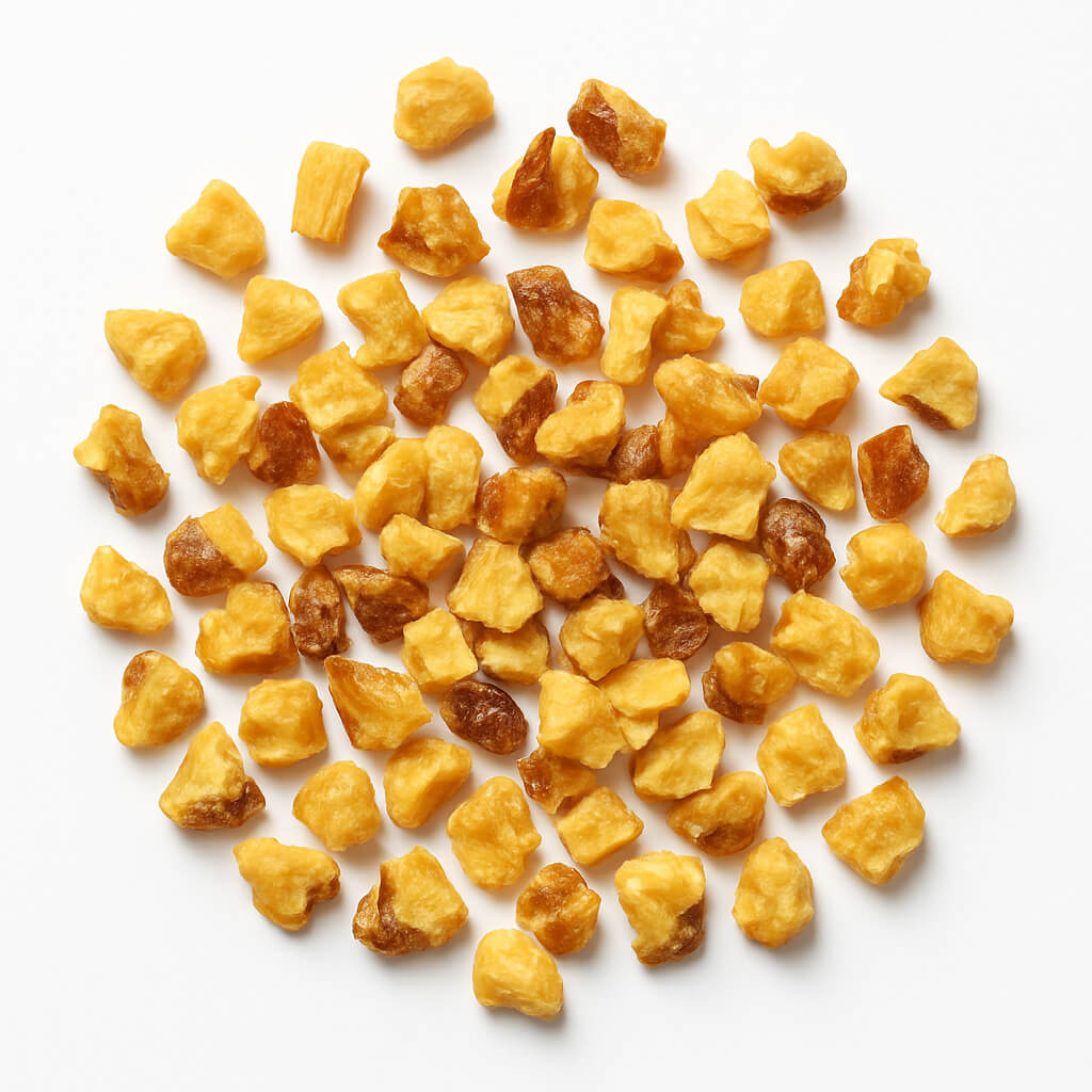 Close-up of dried pineapple pieces on white background