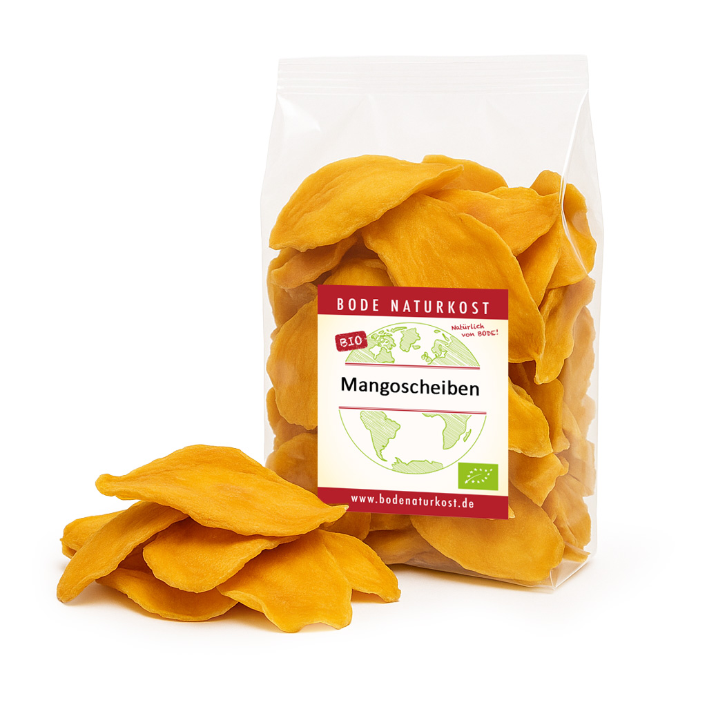 Tüte mit Bio-Mangoscheiben von Bode Naturkost in umweltfreundlicher Verpackung