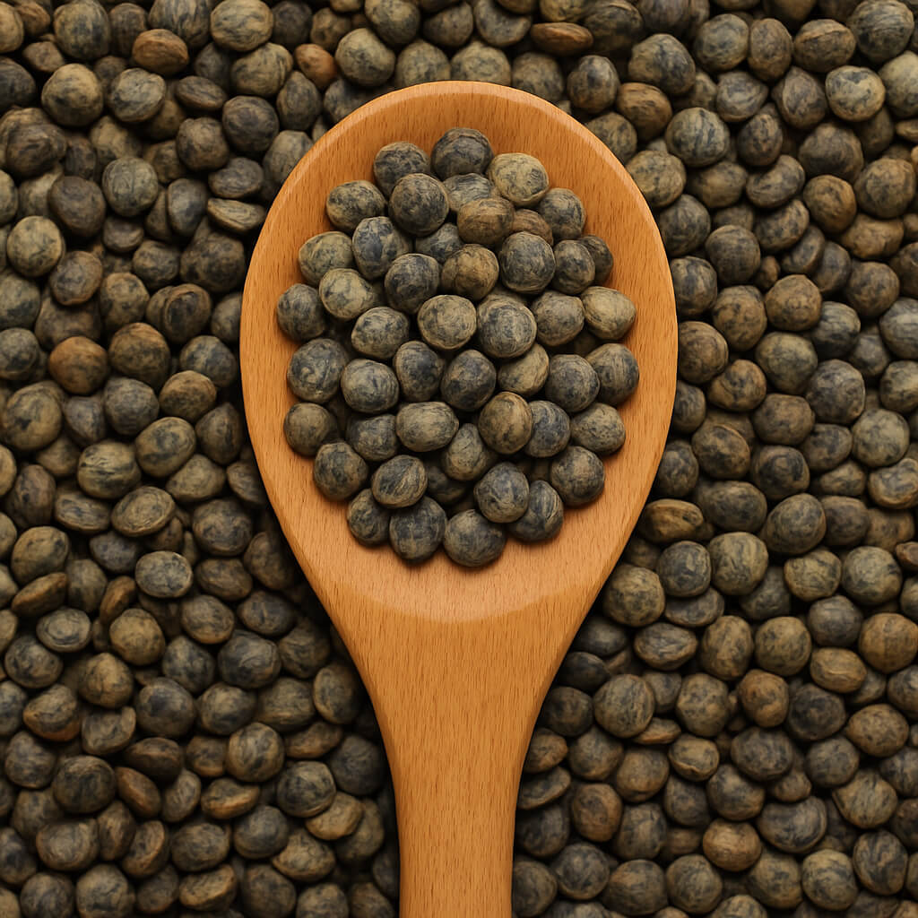 Close-up of green lentils in a wooden spoon